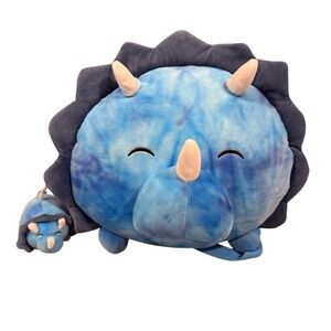 Linzy Plush Triceratops Backpack‎ Blue Tie Dye Dinosaur with Mini Clip Accessory